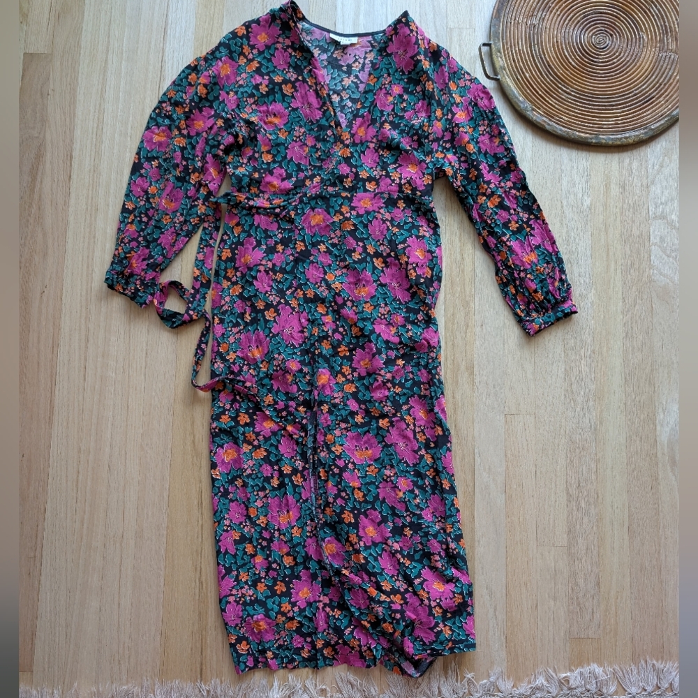 TOPSHOP Floral Deep V-Neck Long Sleeve Wrap Dress (Size 4)